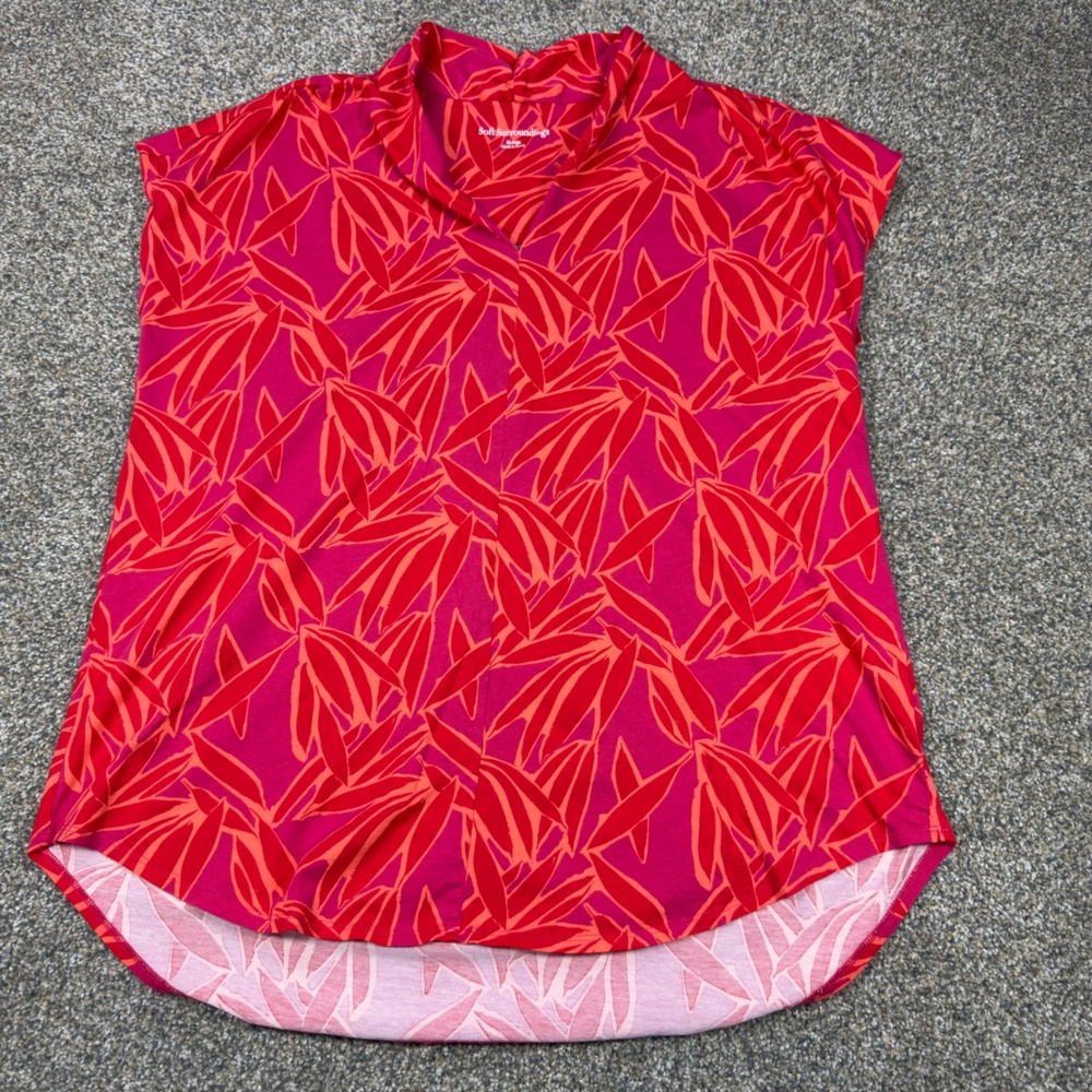 Soft Surroundings XL Pink Orange Tropical Leaf Print Cotton Modal Knit Top 2EC51